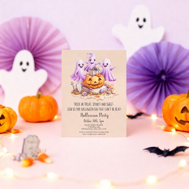 Convite "Festa de Halloween com Fantasmas Lindos Aniversár (Criador carregado)
