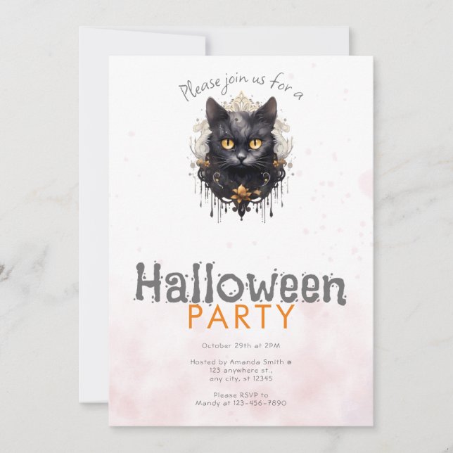 Convite Festa de Halloween com Gato Preto Rhinestones (Frente)