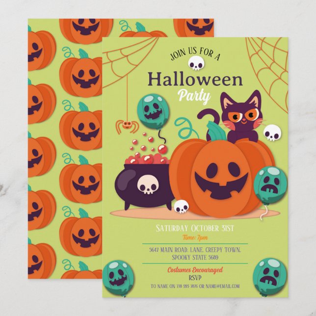 Convite Festa de Halloween convida Fantasmas Pumpkins Cats (Frente/Verso)