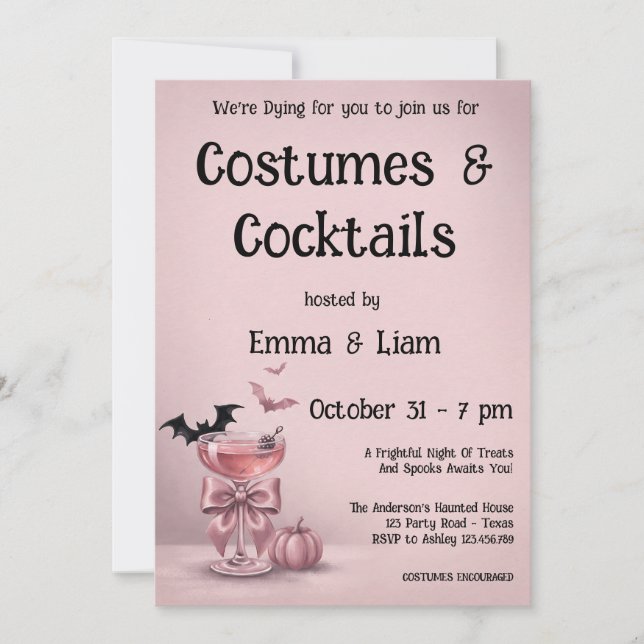 Convite Festa de Halloween Coquette Bow Pink Drink & Morce (Frente)