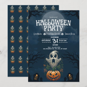 Convite Festa de Halloween Crânio Abóbora Design Gótico