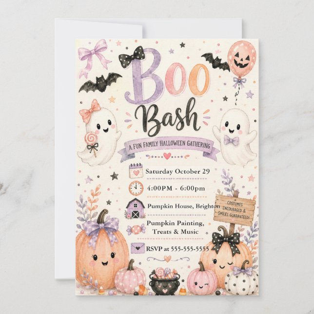 Convite Festa de Halloween Cute Boo Bash (Frente)