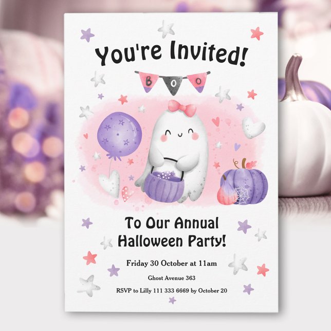Convite Festa de Halloween Cute Ghost Pink Kids (Halloween Party Cute Ghost Pink Purple Kids Invitation)