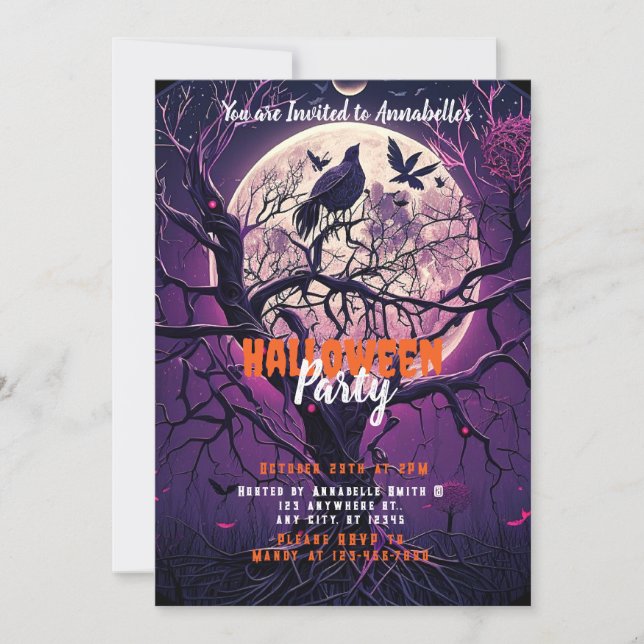 Convite Festa de Halloween da Árvore Assustadora sob a Lua (Frente)