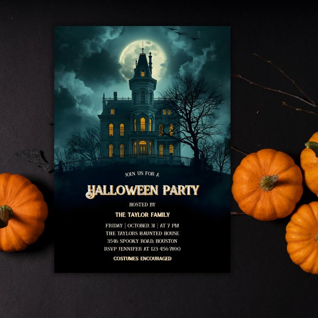 Convite Festa de Halloween da Casa Branca (Gothic Haunted House Halloween Party Invitation – Full Moon Night | Annual Costume Party)