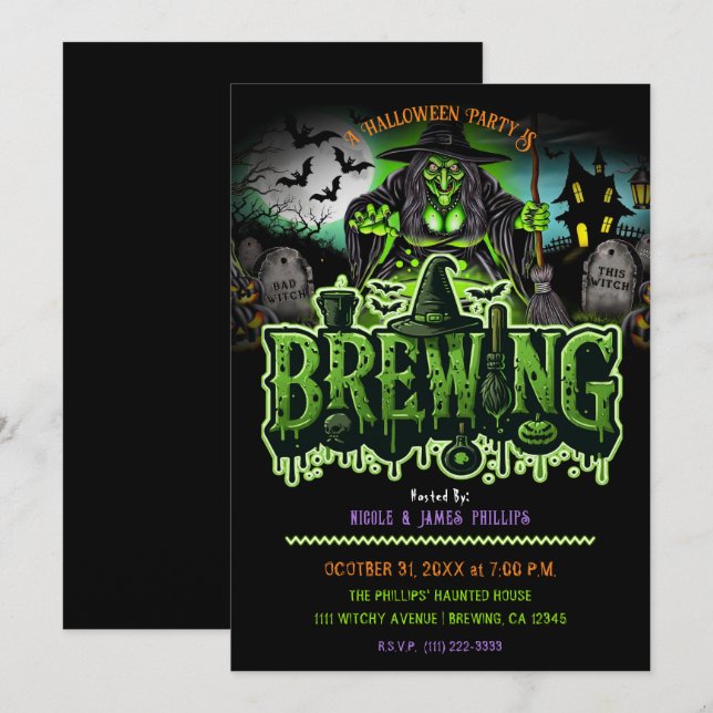 Convite Festa de Halloween da Green Witch Graveyard Brewin (Frente/Verso)