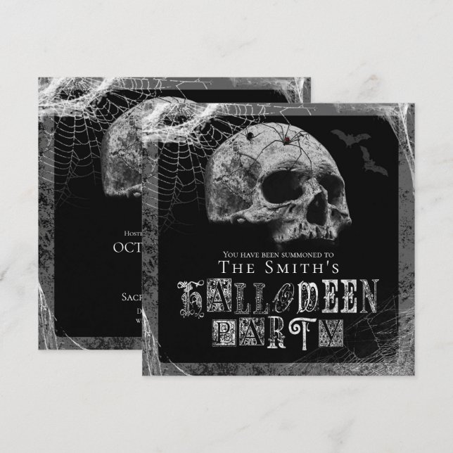 Convite Festa de Halloween da Viúva Negra Caveira e Teias  (Frente/Verso)