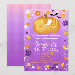 Convite Festa de Halloween de 1º Aniversário Roxo e Laranj