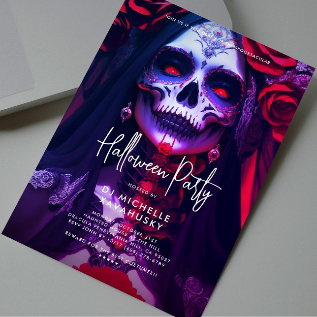 Convite Festa de Halloween de Adultos Góticos, Festa Verme (Gothic Adult Halloween Party Red Purple Lady Skull Invitation
)