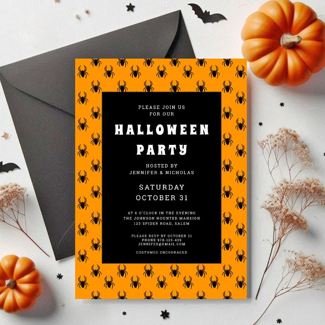 Convite Festa de Halloween de Aranhas Laranja e Pretas Fof (Cute Spiders Orange Halloween Party Invitation)