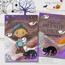 Convite Festa de Halloween de Bebê Boo, gato e menino fofo