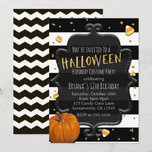 Convite Festa de Halloween de Candy Corn Listrado Preto e