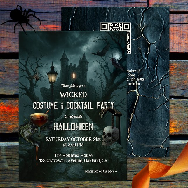 Convite Festa de Halloween de Cocktail e Costume (Costume and cocktail Halloween party invitation featuring an old castle on a dark night)