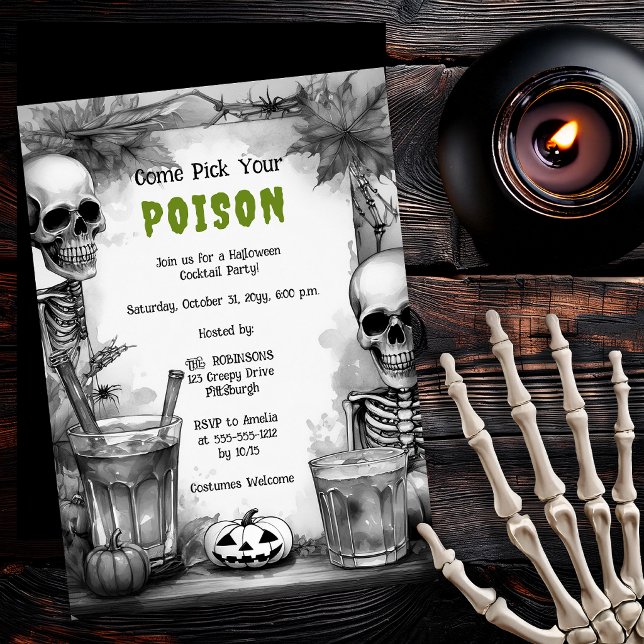 Convite Festa de Halloween de Coquetel de Veneno Esqueleto (Vintage skeleton poison cocktail Halloween party invitation)