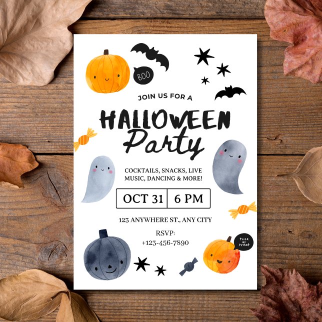 Convite Festa de Halloween de Fantasmas e Pumpkins com Aqu (Watercolor Ghosts & Pumpkins Halloween Party Invitation
)