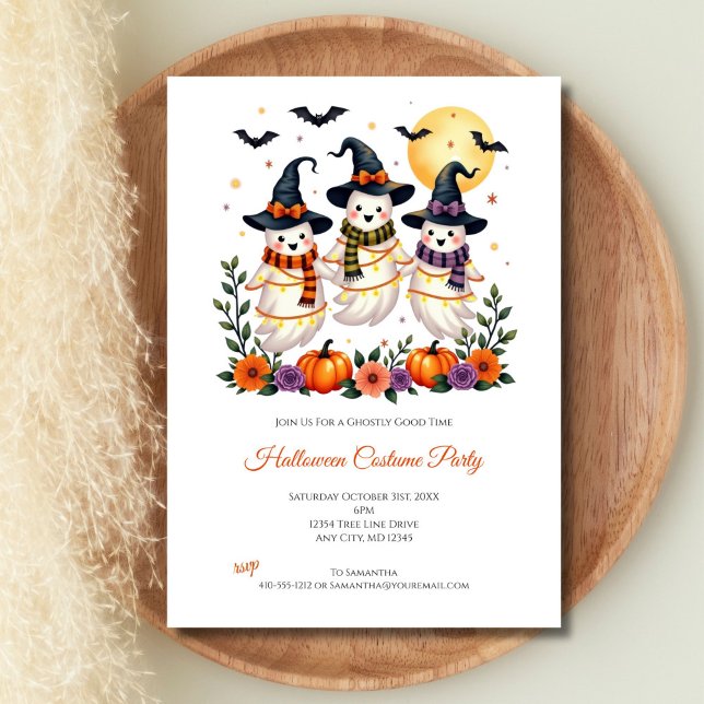 Convite Festa de Halloween de Fantasmas Flores Abóboras Mo (Cute Ghosts Halloween Party Invitation for kids and adults. All fields are editable)
