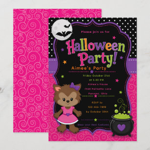 Convite Festa de Halloween de Lobisomem para Meninas