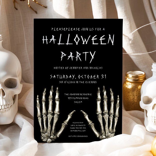 Convite Festa de Halloween de Mãos de Esqueleto Louco (Spooky Skeleton Hands Halloween Party Invitation)