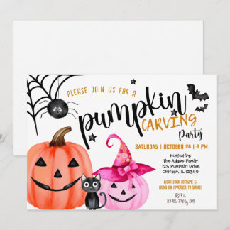 Convite Festa de Halloween de Menina com Abóbora Rosa