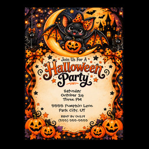 Convite Festa de Halloween de Morcego Fofo e Assustador