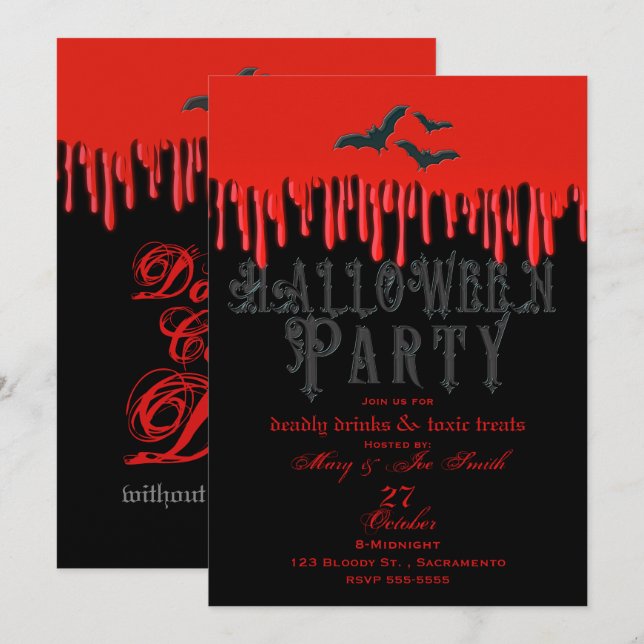Convite Festa de Halloween de Morcegos Góticos e Sangue Ve (Frente/Verso)