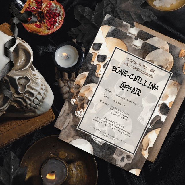 Convite Festa de Halloween de Skulls Spookcolor Watercolor (Spooky Watercolor Skulls Halloween Party Invitation)