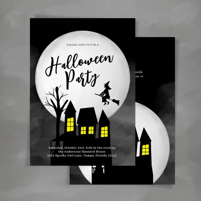 Convite Festa de Halloween de Spooky Assombrada (Halloween party Invitation with spooky haunted house and flying witch.)