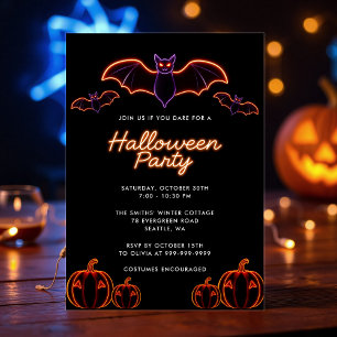 Convite Festa de Halloween de Spooky Neon Bat Pumpkin