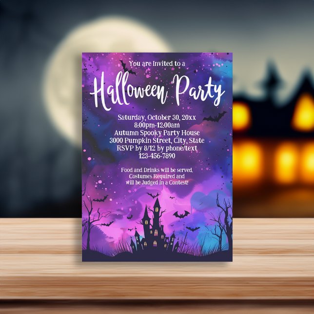 Convite Festa de Halloween de Tinta da Casa Assombrada Rox (purple haunted house invitation)