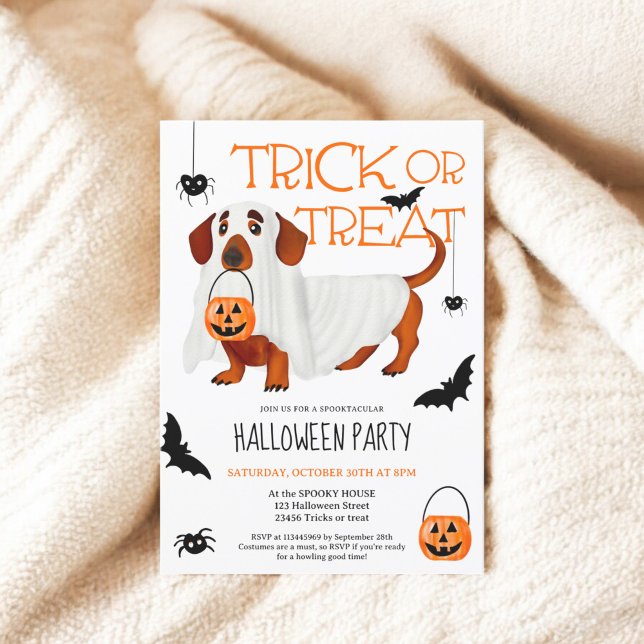 Convite Festa de Halloween de um guião fantasma de cão tra (Cute trick treat dog ghost script Halloween party Invitation)
