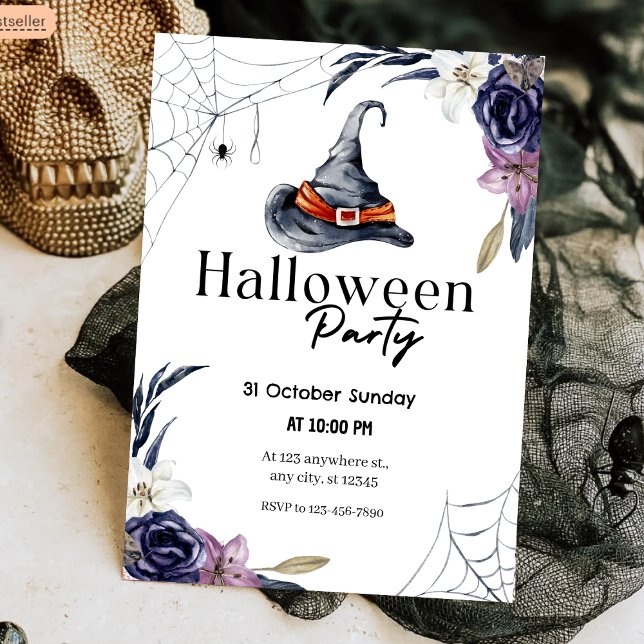 Convite Festa de Halloween de Witthat & Spiderweb (Witch Hat & Spiderweb Watercolor Halloween Party Invitation
)