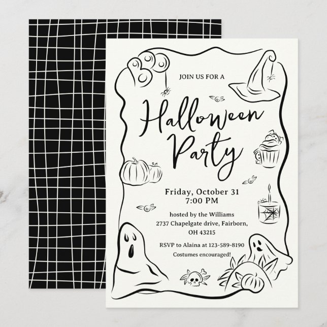 Convite Festa de Halloween Desenho à Mão Excêntrico  (Frente/Verso)