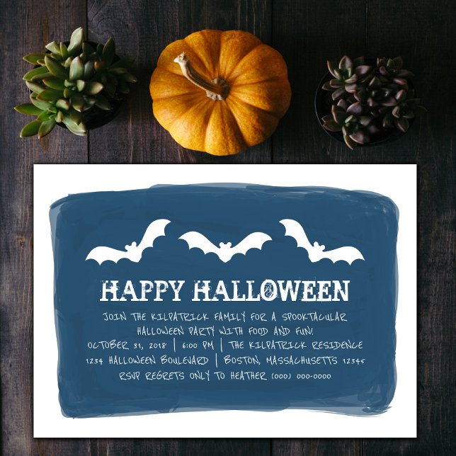 Convite Festa de Halloween do Bats White Azul (Blue and White Watercolor Bats Halloween Party Invite)
