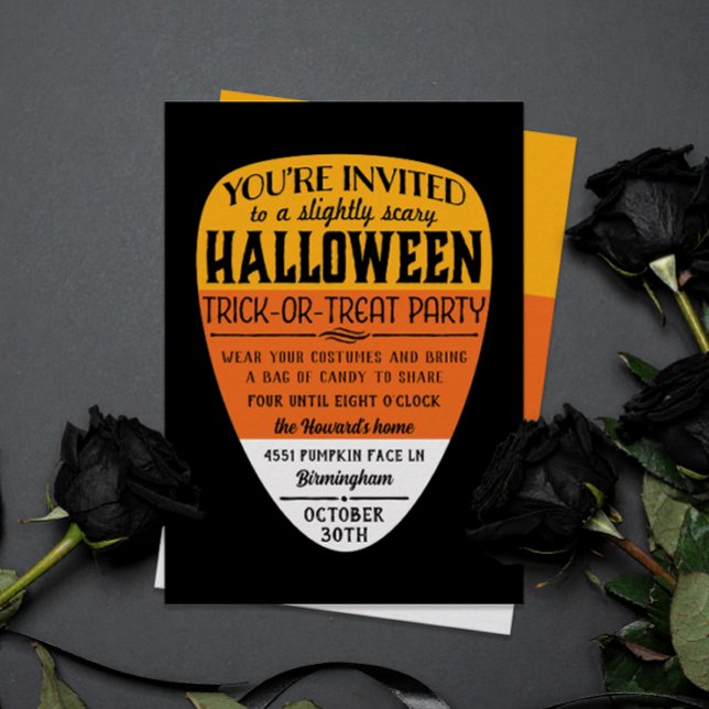 Convite Festa de Halloween do Big Candy Corn (slightly scary candy corn themed halloween party invitation for kid-friendly parties)