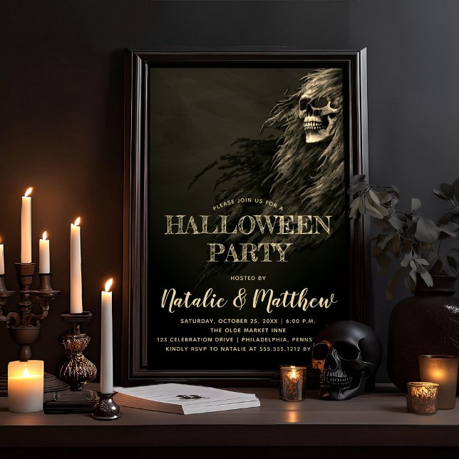 Convite Festa de Halloween do Cabelo Assustador (Eerie Night, Creepy, Scary Hairy Skull Adult Halloween Party Invitation)
