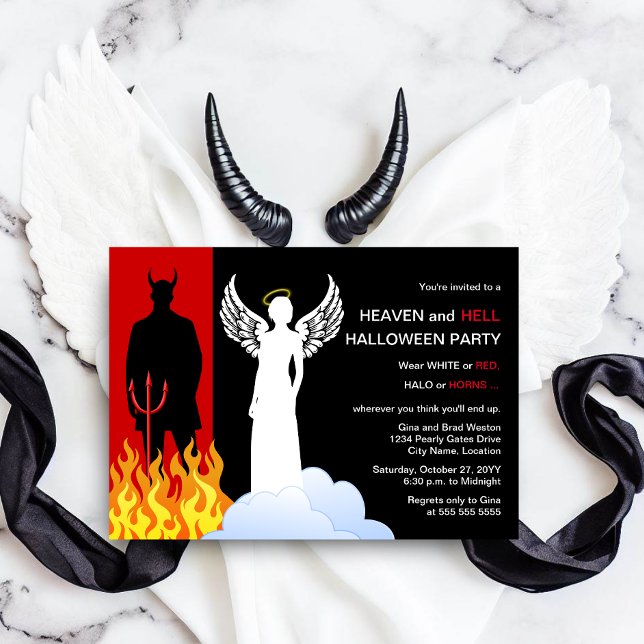 Convite Festa de Halloween do Céu e do Inferno (Celebrate a heaven and hell Halloween party by inviting your guests with this angel and devil invite)