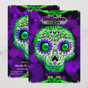 Convite Festa de Halloween do Crânio Brilhante Verde e Rox