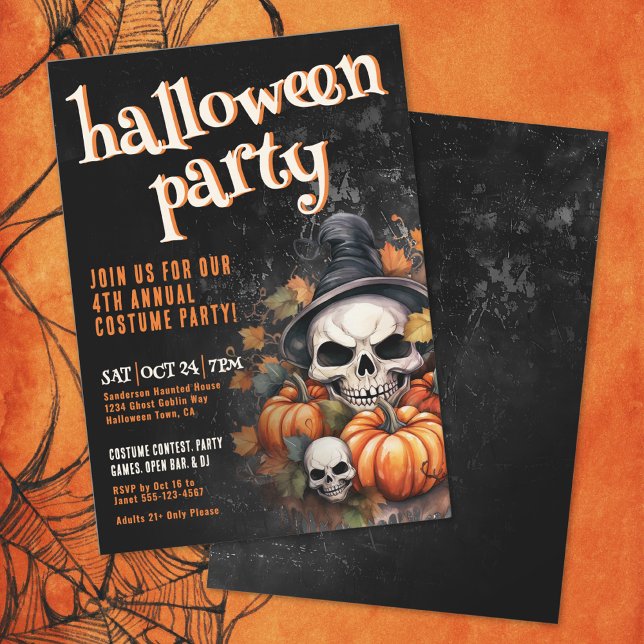 Convite Festa de Halloween do Crânio de Abóbora (Pumpkin Skull Halloween Party Invitation)