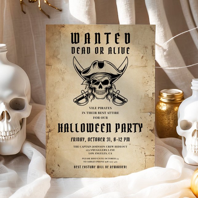 Convite Festa de Halloween do Crânio de Pirata Vintage  (Vintage Pirate Skull Halloween Party Invitation)