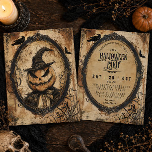 Convite Festa de Halloween do Espantalho de Abóbora Vintag