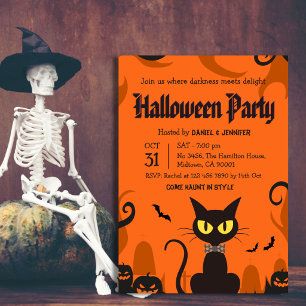 Convite Festa de Halloween do Gato Preto Fantasma Abóbora