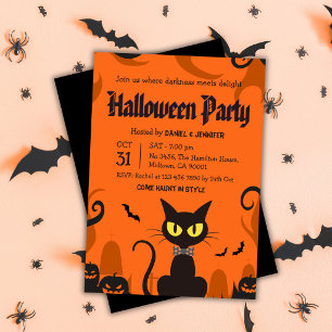 Convite Festa de Halloween do Gato Preto Fantasma Abóbora
