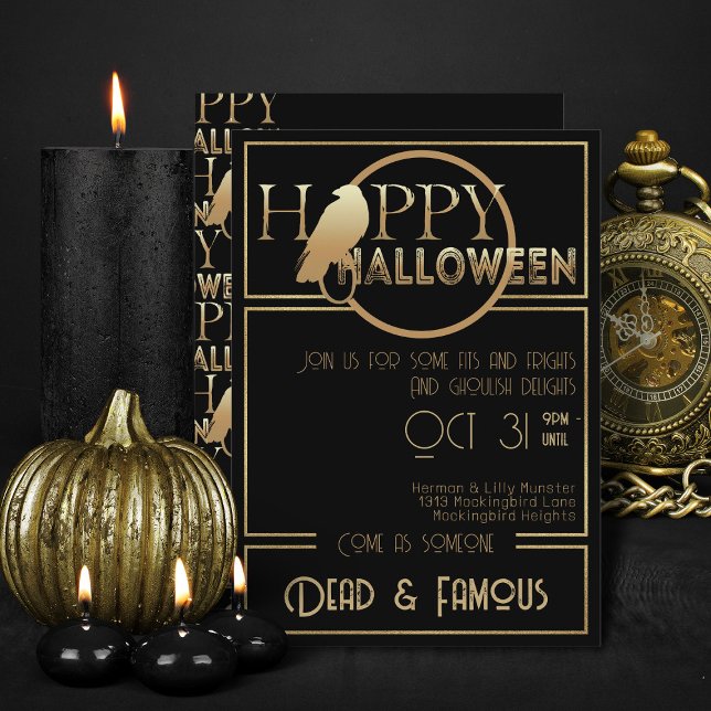 Convite Festa de Halloween do Glam Adulto Dourado Moderno  (Elegant black and gold Halloween invitations)