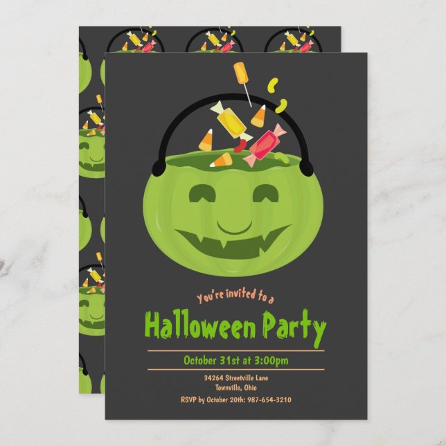 Convite Festa de Halloween do Green Ghoul Pail Candy (Frente/Verso)