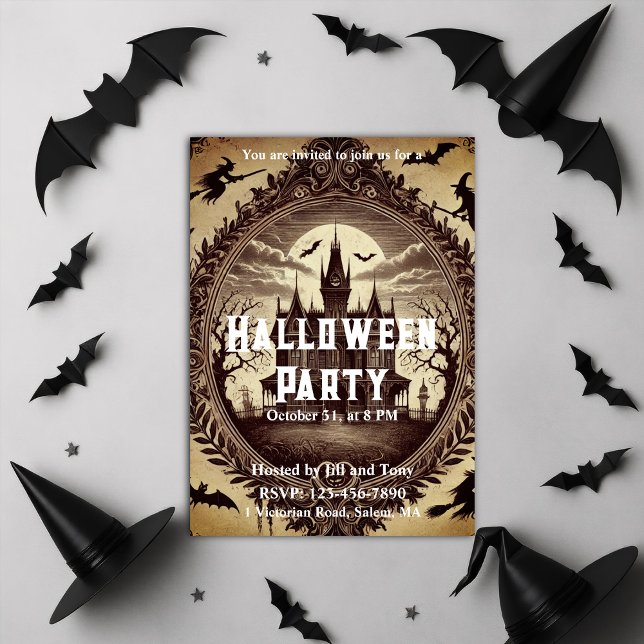 Convite Festa de Halloween do Halloween vitoriano gótico (Gothic Victorian Haunted House Halloween Party Invitation)