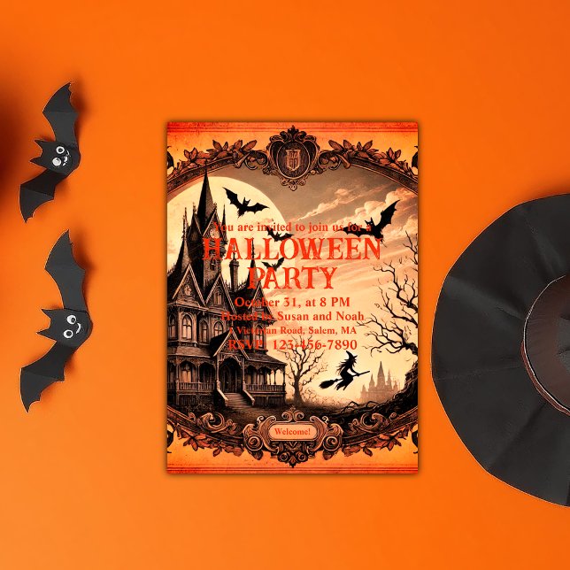 Convite Festa de Halloween do Halloween vitoriano gótico (Haunted House Gothic Victorian Vintage Halloween Invitation)
