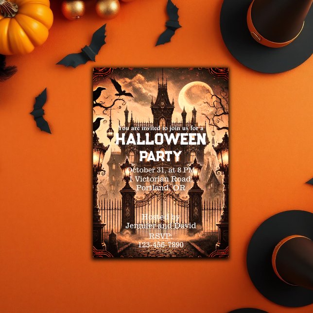 Convite Festa de Halloween do Halloween vitoriano gótico (Gothic Victorian Haunted House Halloween Party Invitation)