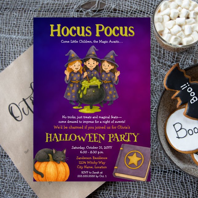 Convite Festa de Halloween do Hocus Pocus Kids (Fun witches Halloween costume party invitation for kids)