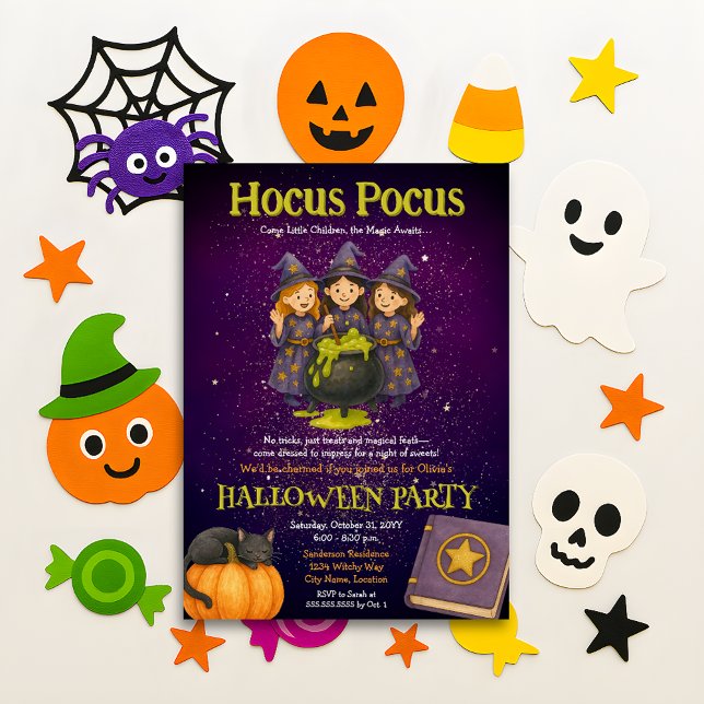 Convite Festa de Halloween do Hocus Pocus Kids (Hocus Pocus fun witches October Halloween Party invitation)