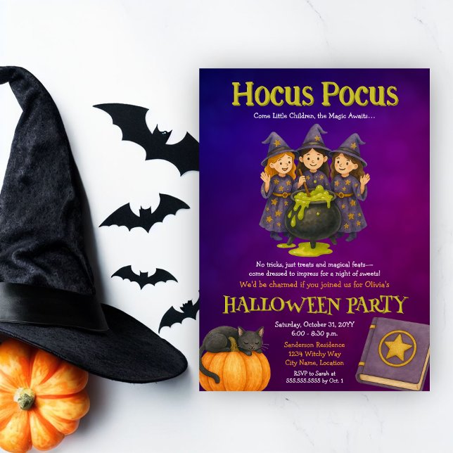 Convite Festa de Halloween do Hocus Pocus Kids (Fun witches Halloween costume party invitation for kids)